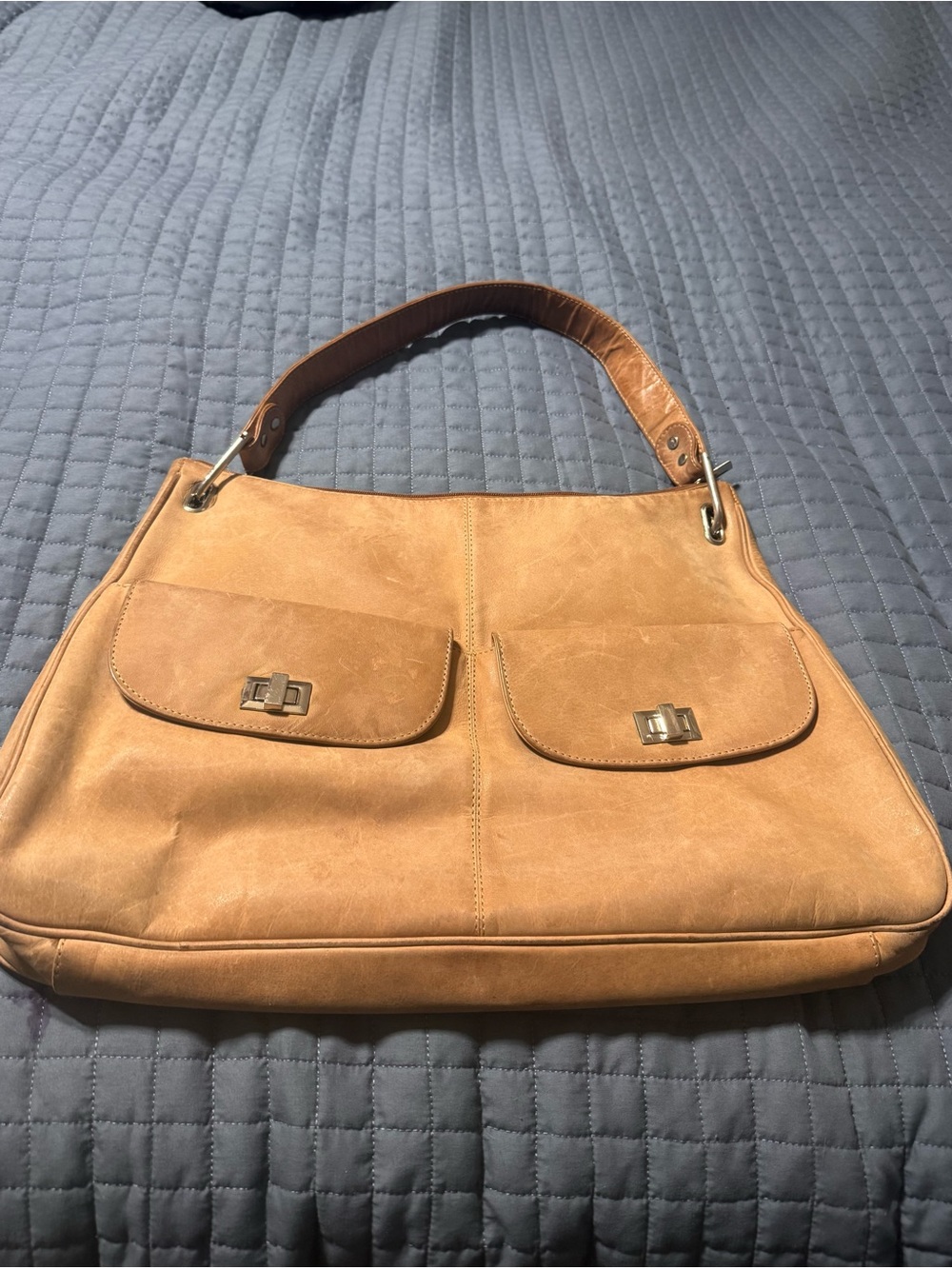 Tan Leather Shoulder Bag with Front Flap Pockets